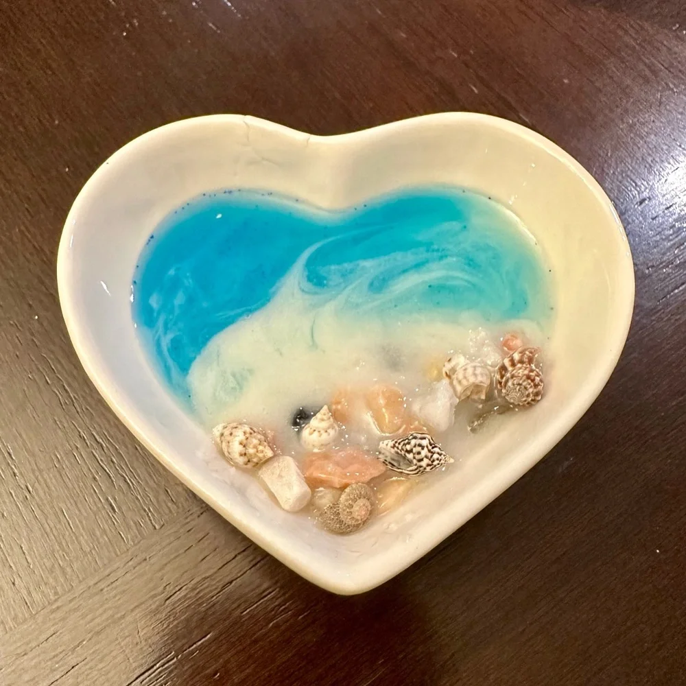Ceramic coastal heart jewelry dish.